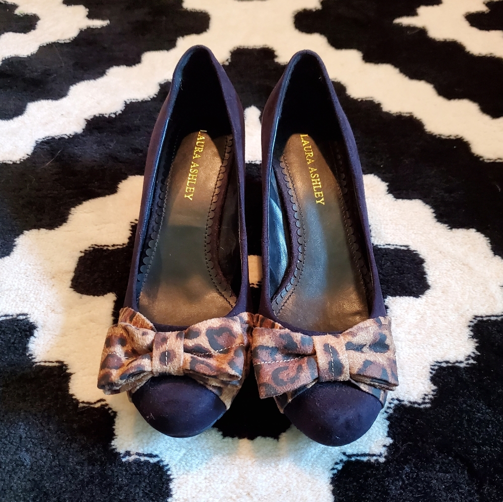 Laura Ashley black suede wedges with leopard bow
